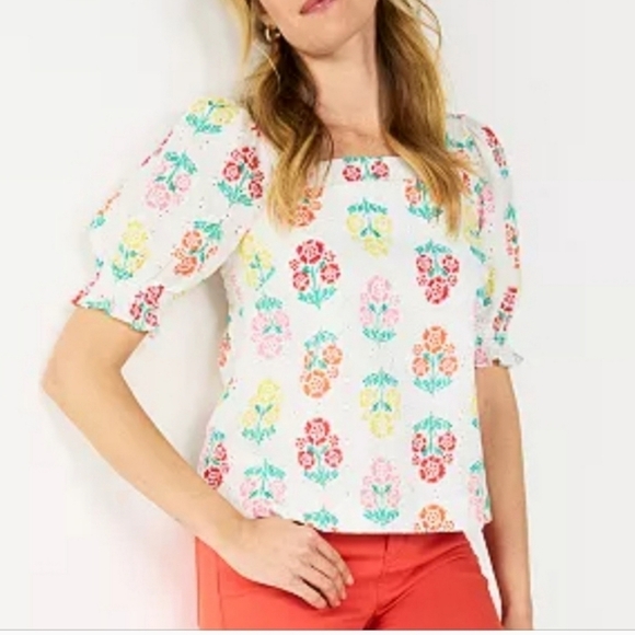 Floral Eyelet Puff Sleeve Top Square Neck Blouse Summer Cute  Cottagecore - Picture 2 of 5
